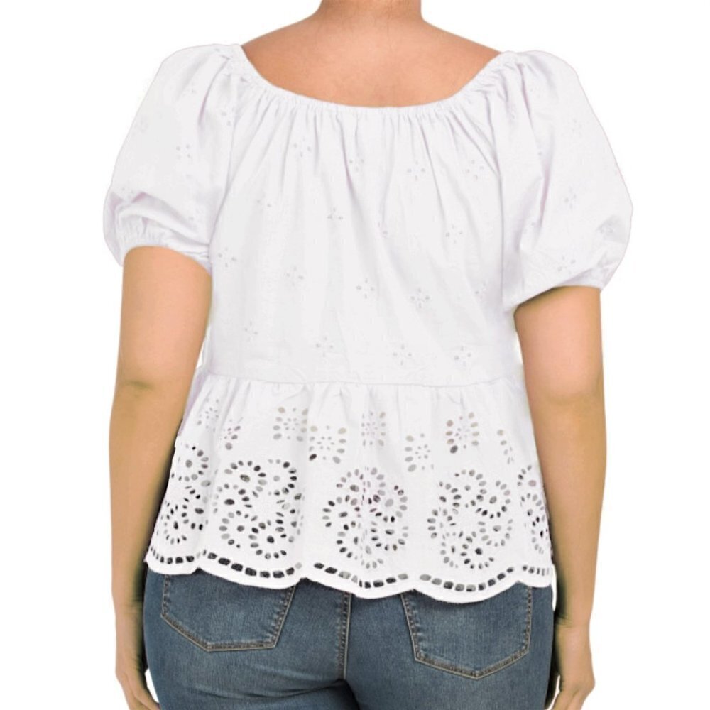 NWT ADIVA Plus Eyelet Peplum Hem Smocked Cotton Blouse Top - Picture 2 of 4